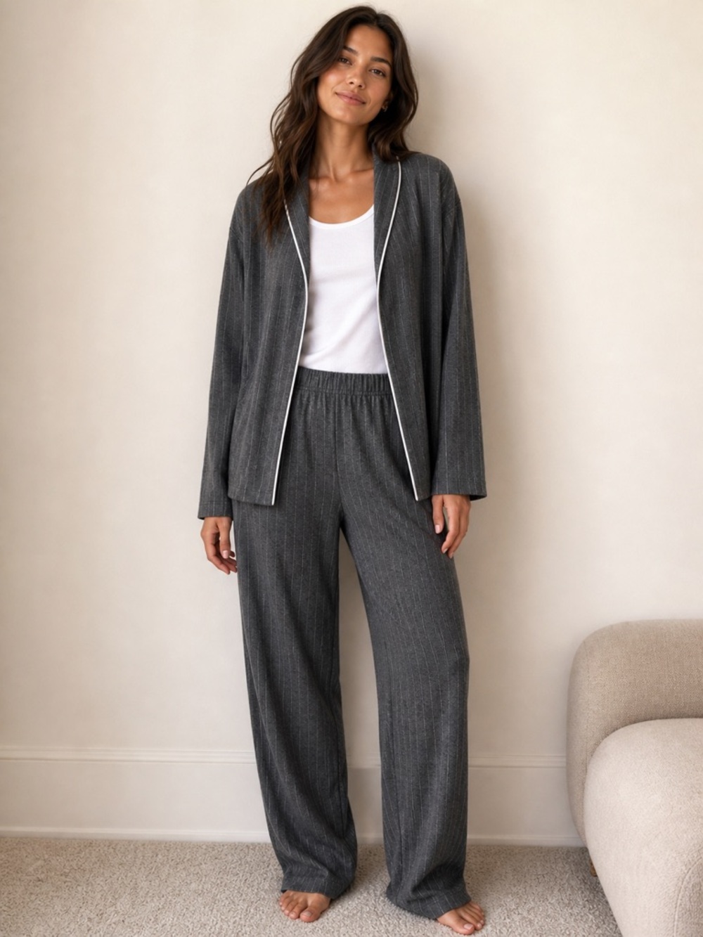 Saks Fifth Avenue Pinstripe Lounge Set Grey Minimalist Matching Set - M